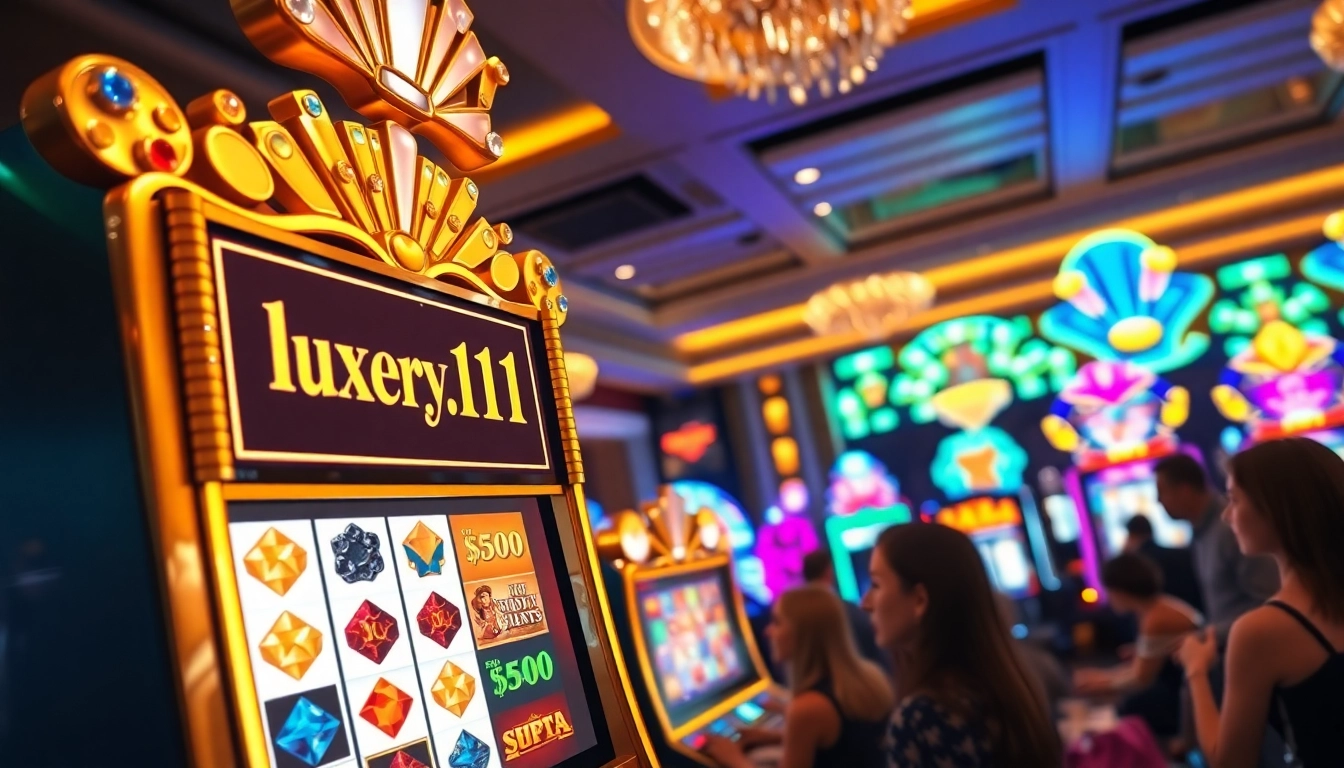Mainkan luxury111 slot yang menampilkan suasana kasino mewah dengan mesin slot berkilau.