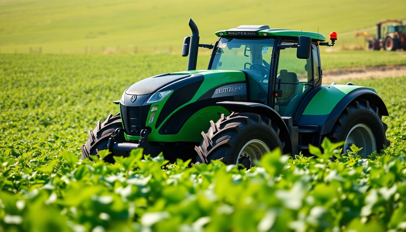 Deutz Fahr Traktor in voller Leistung auf einem grünen Feld.