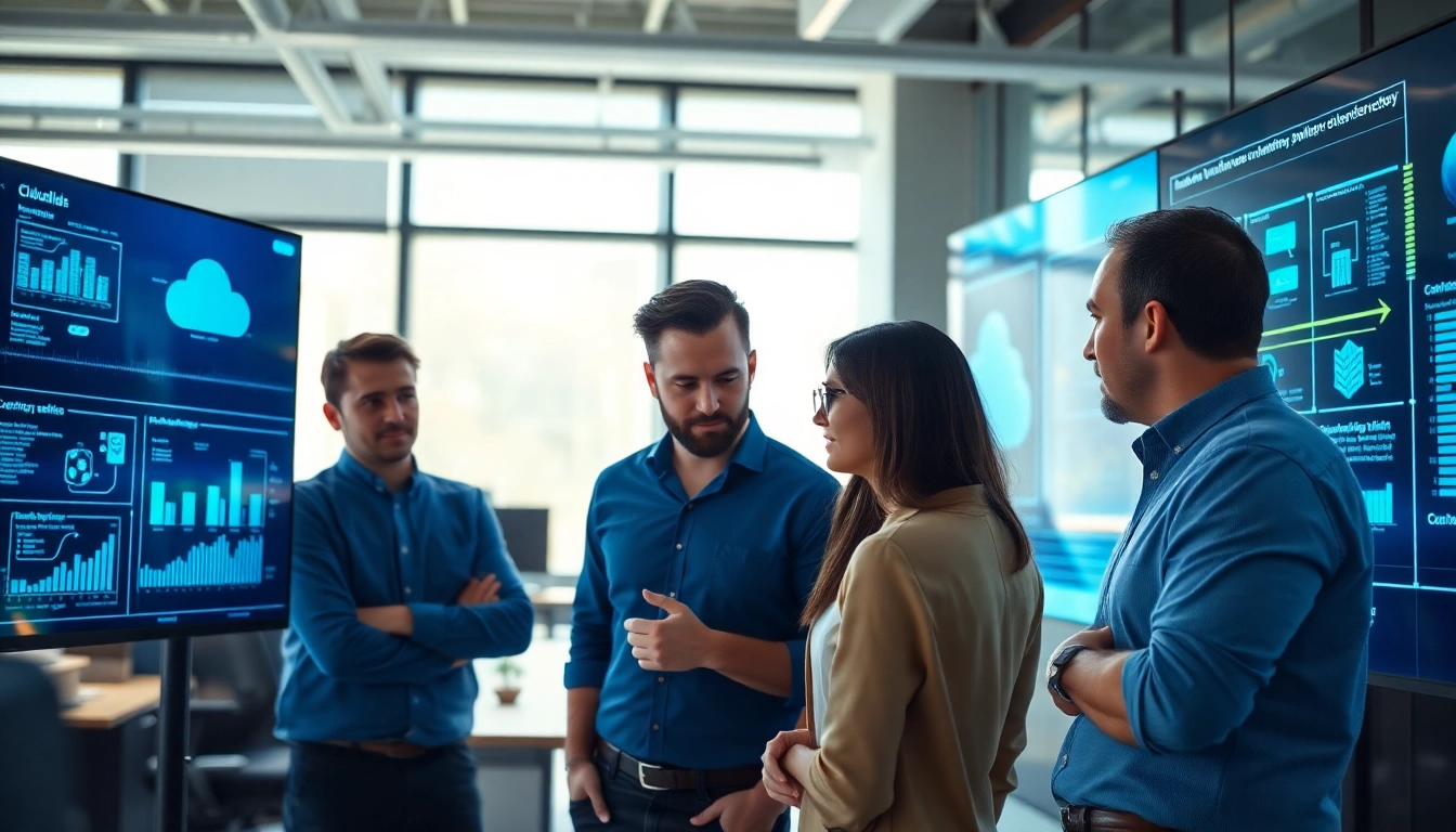 Showcase of Cloud infrastructure and DevOps services with engineers collaborating in a modern office setup.