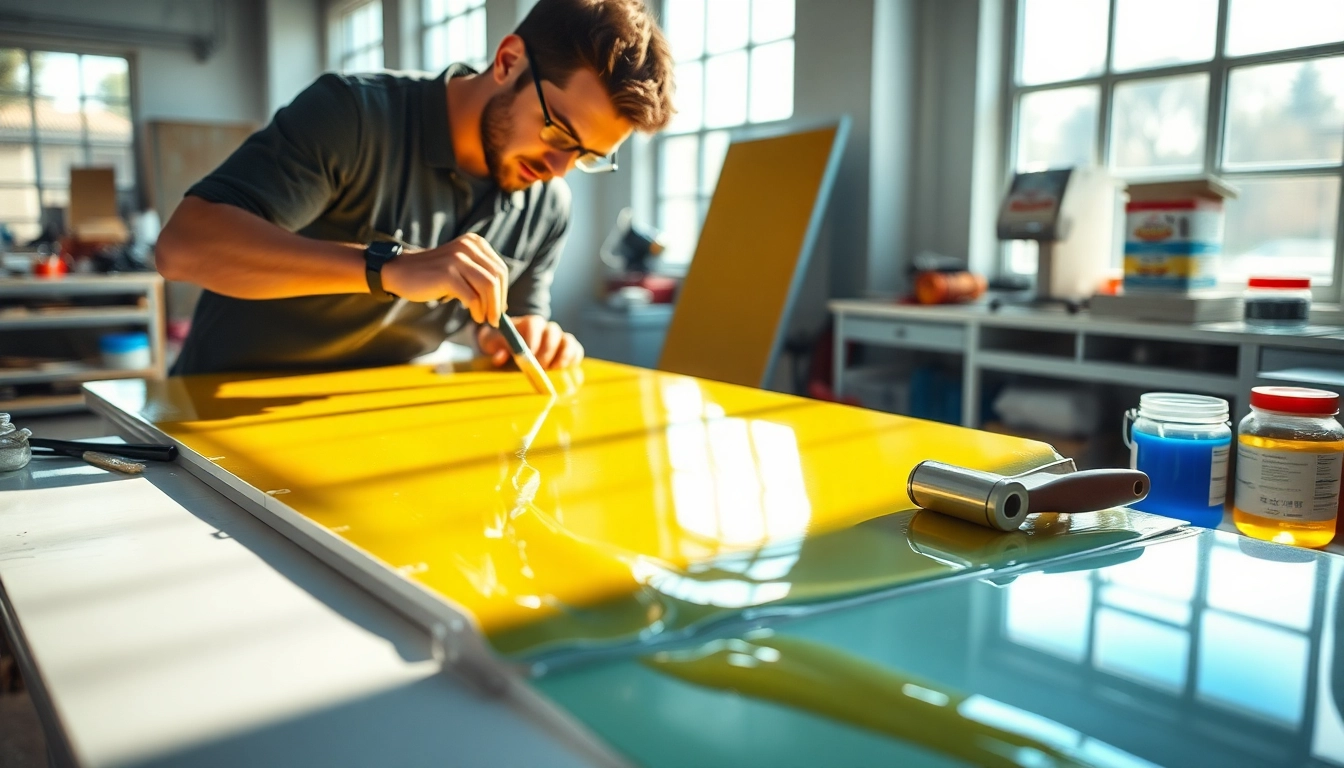 Applying laminating resin on fiberglass sheets in a bright workshop setting.