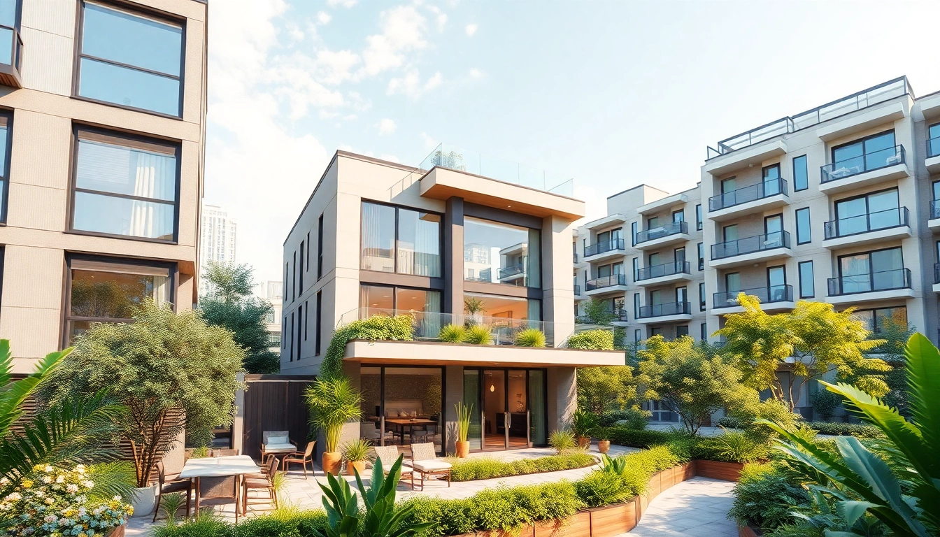 Architekturvisualisierung von modernen Wohngebäuden in einer urbanen Umgebung mit lebendigen Details.