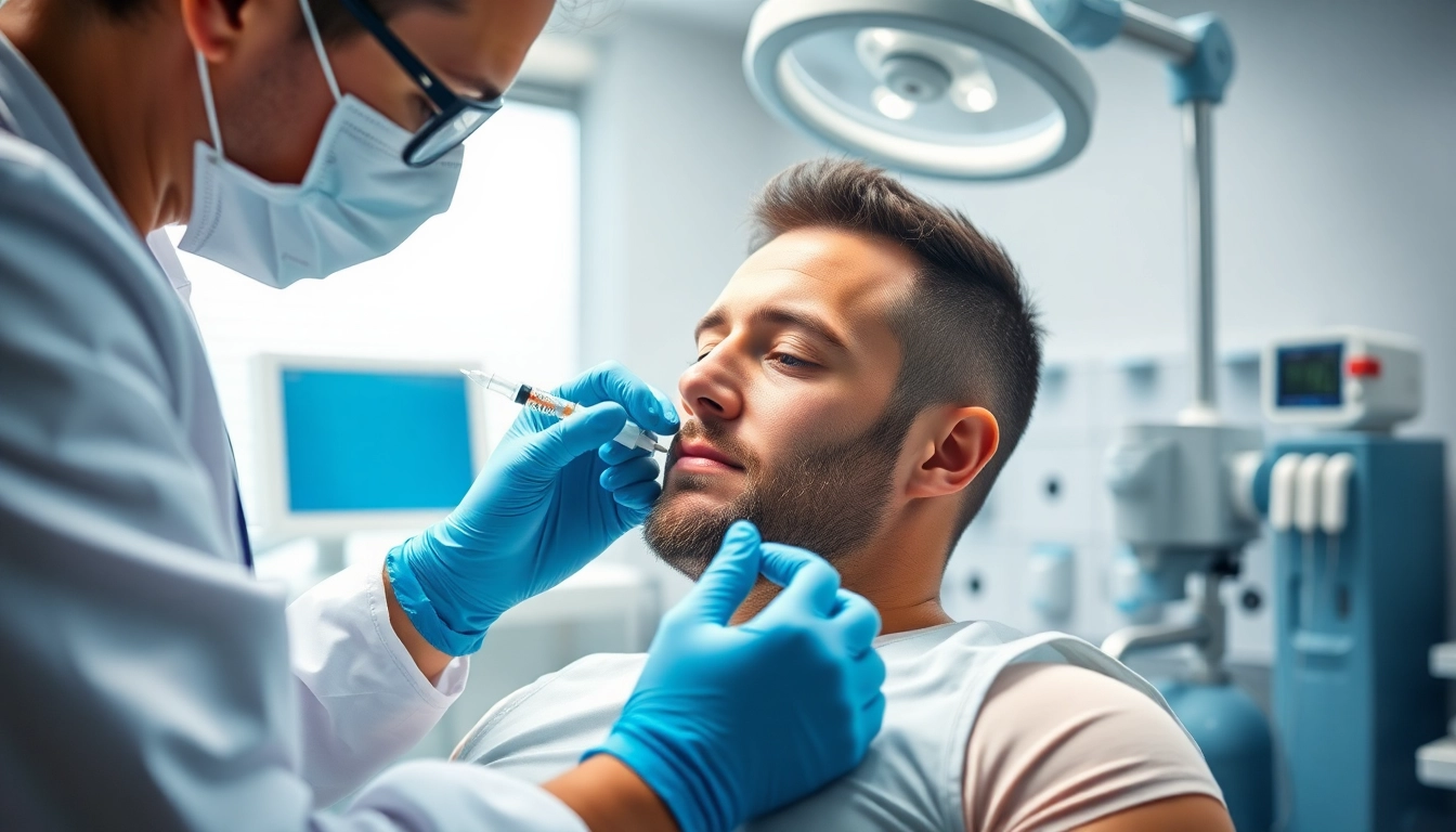 Administering testosterone shots in a professional medical environment, highlighting care and expertise.