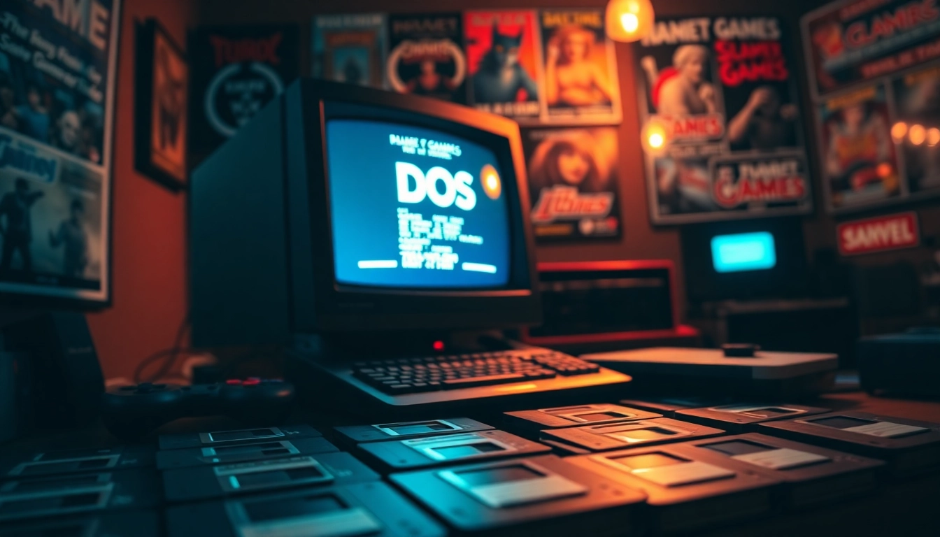 Engage with the nostalgia of DOS games download featuring floppy disks and a vintage computer interface
