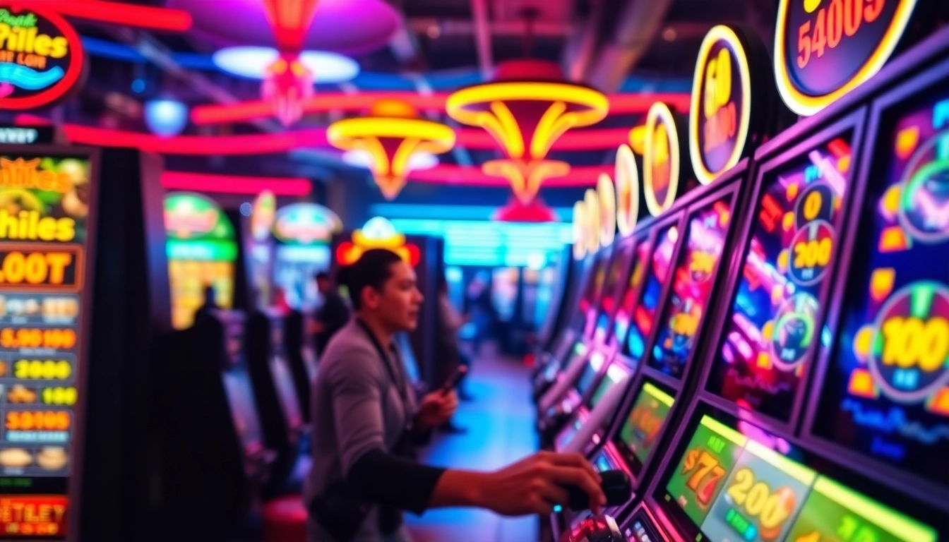 Permainan game slot yang menarik dengan cahaya neon di kasino.