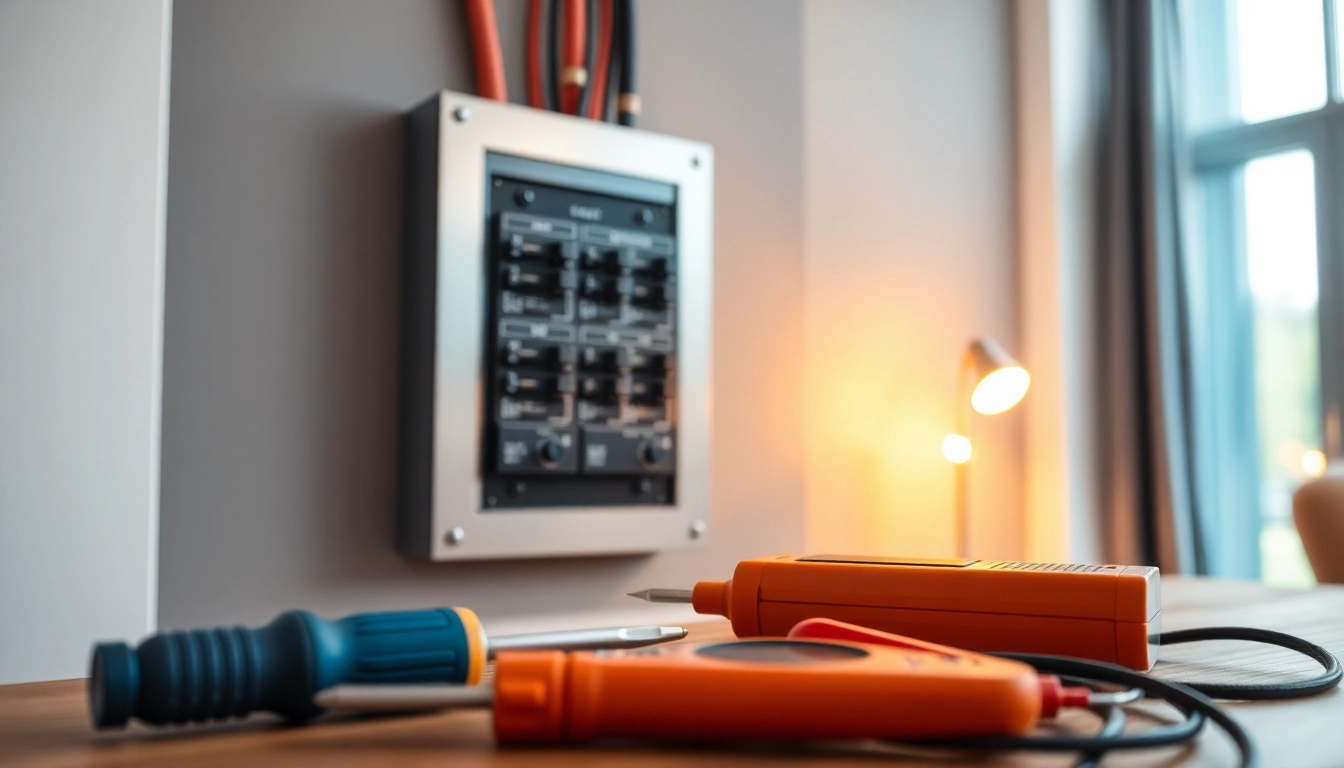 Highlighting an Electrical Panel installation with tools and a modern, clean home backdrop.