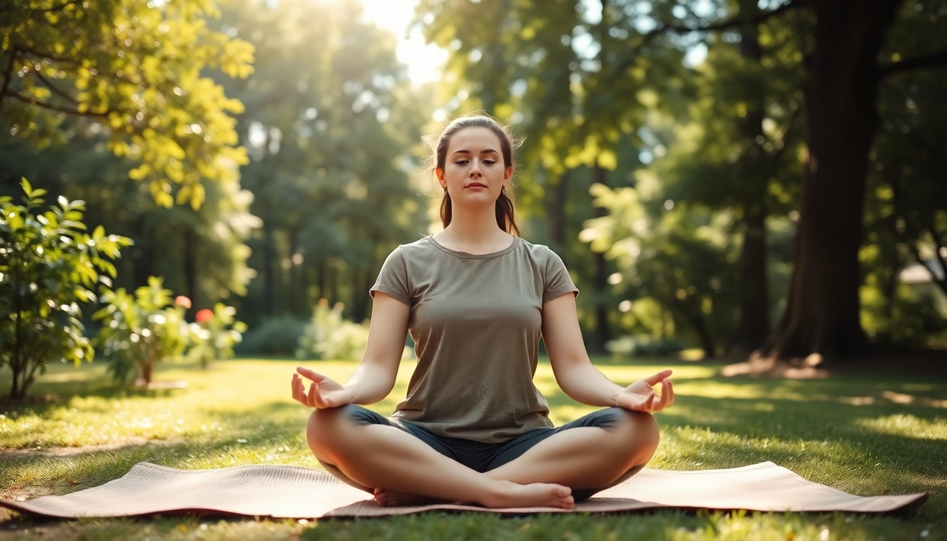 Practicing mindfulness to assist with dealing with stress amid a serene outdoor environment.