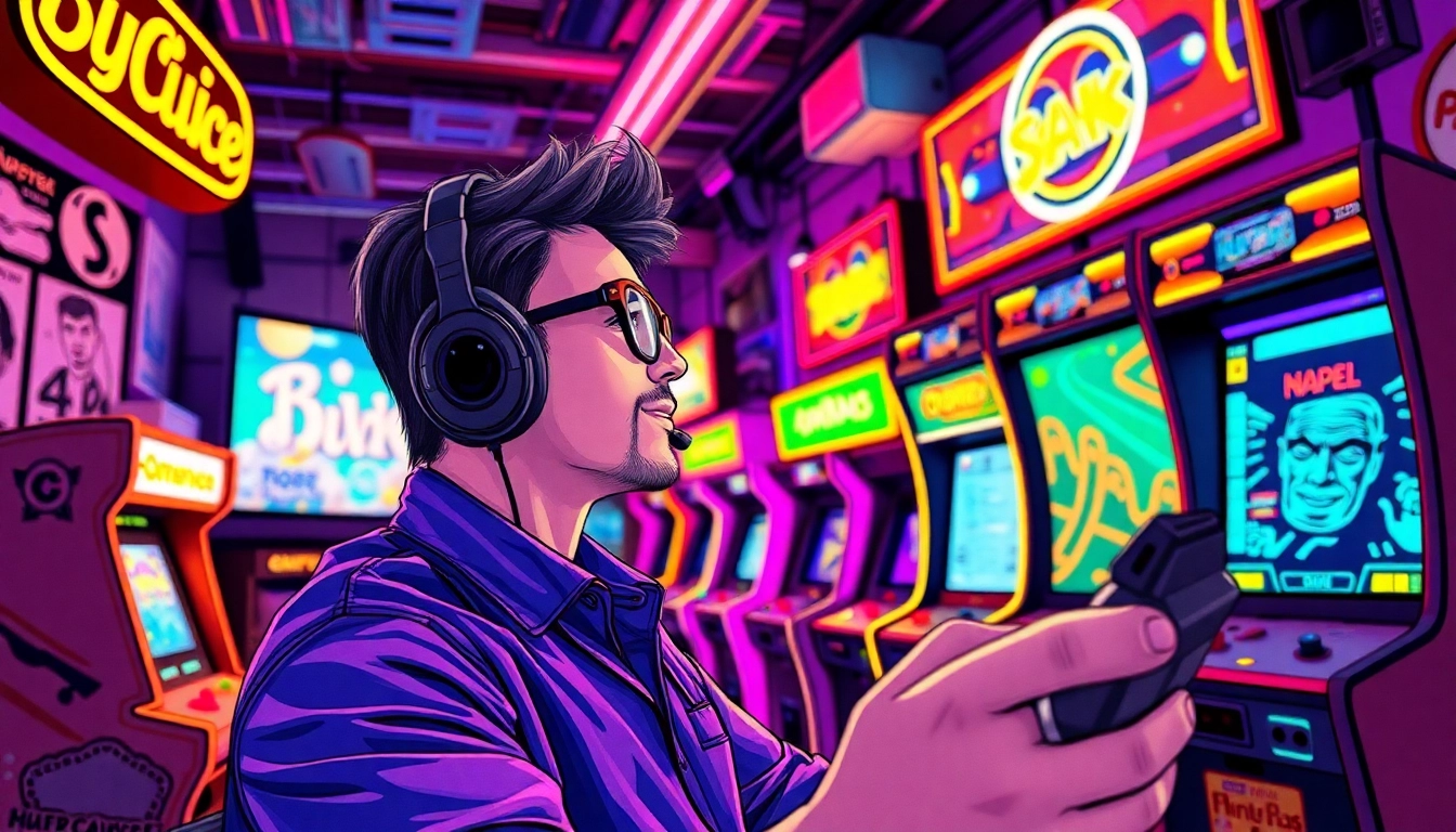 Play dos games online amid vibrant retro arcade machines and neon lights.