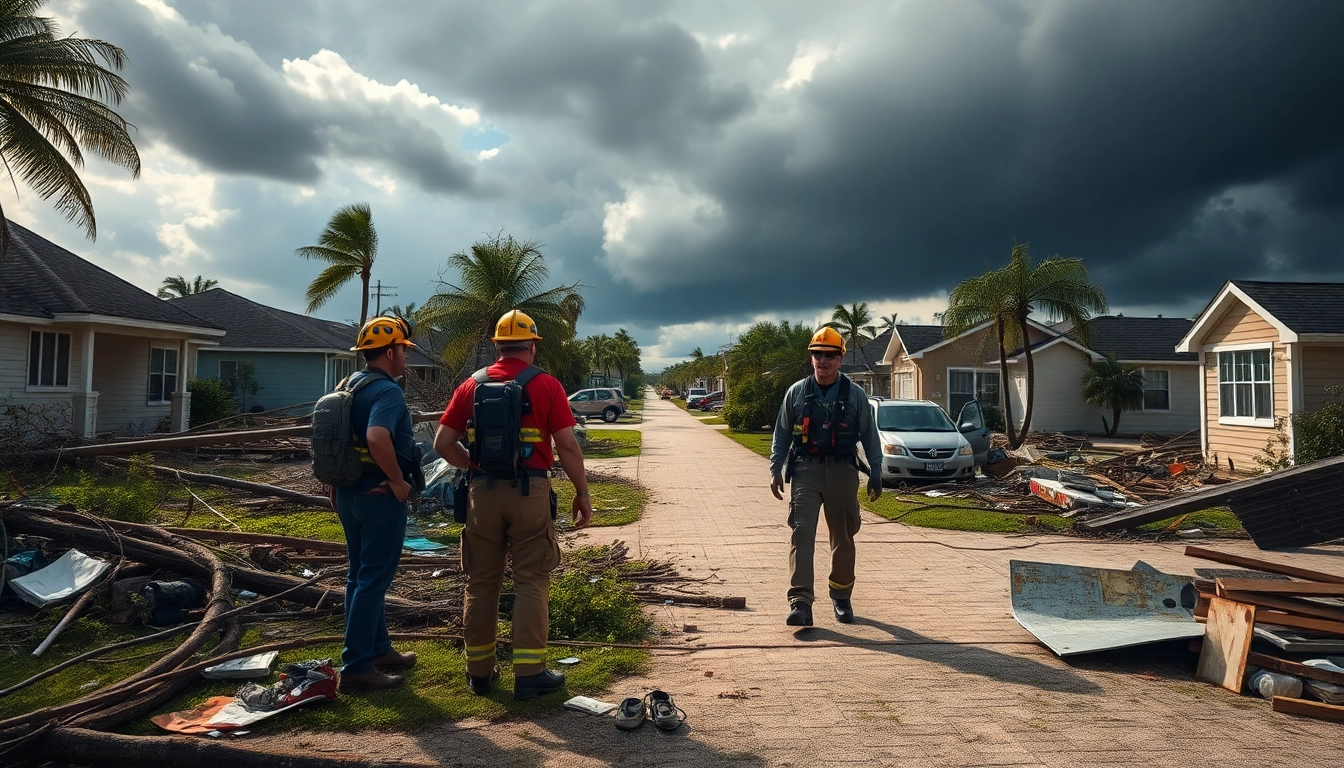 Evaluate Florida Hurricane Damage with rescue teams assessing suburban destruction.