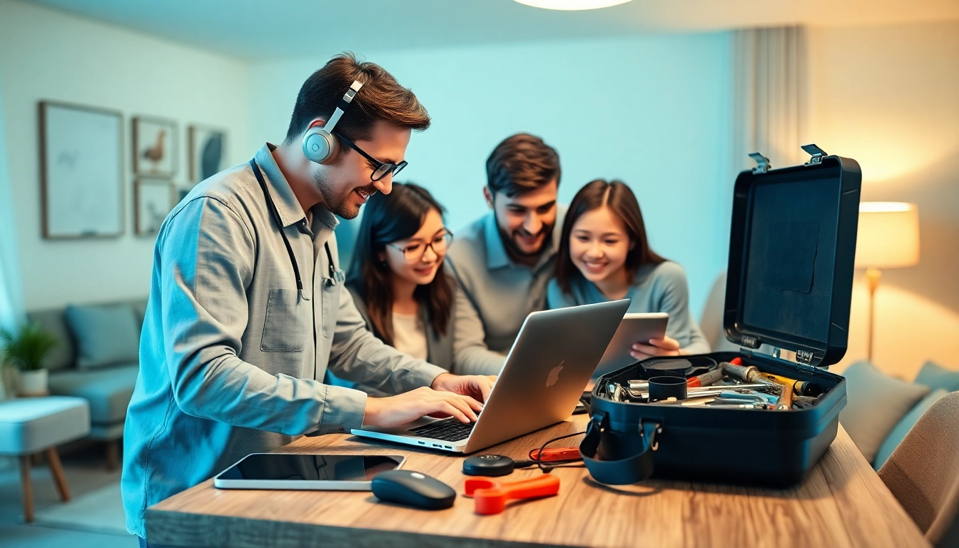 Providing residential IT support, a technician assists a family in their home tech needs.