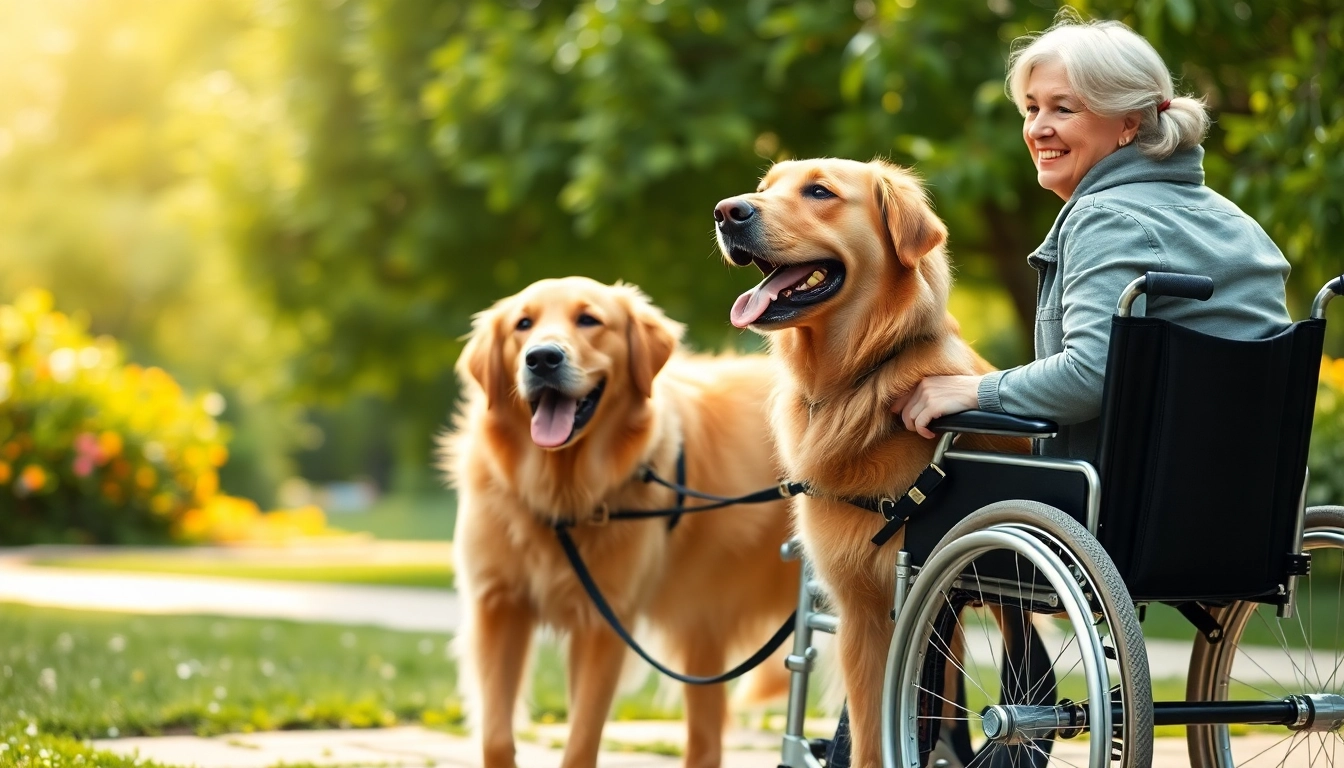 A joyful interaction while getting a service dog in a sunny park setting with colorful surroundings.