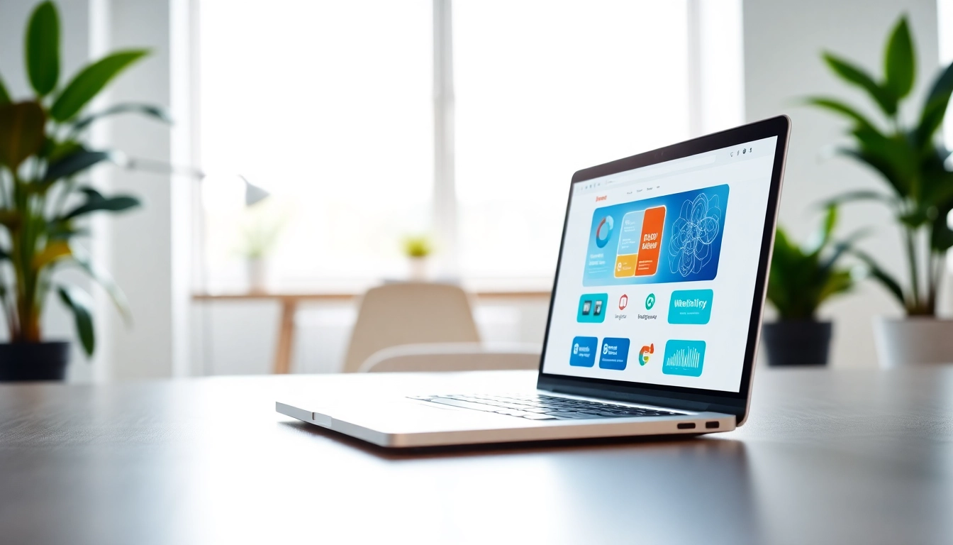 Engaging website design features on a sleek laptop, set in a modern office environment.