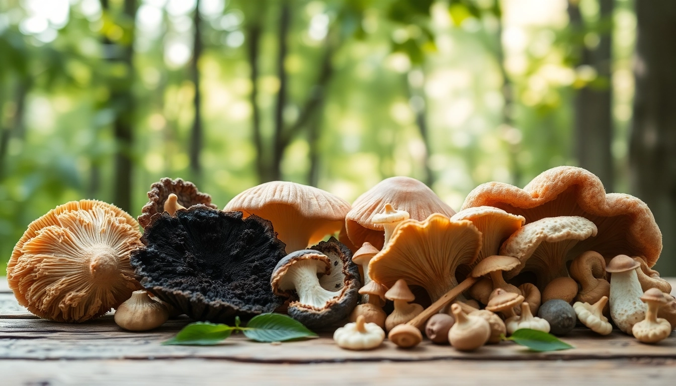 Highlight the benefits of Mushroom Complex through a close-up of various mushrooms.