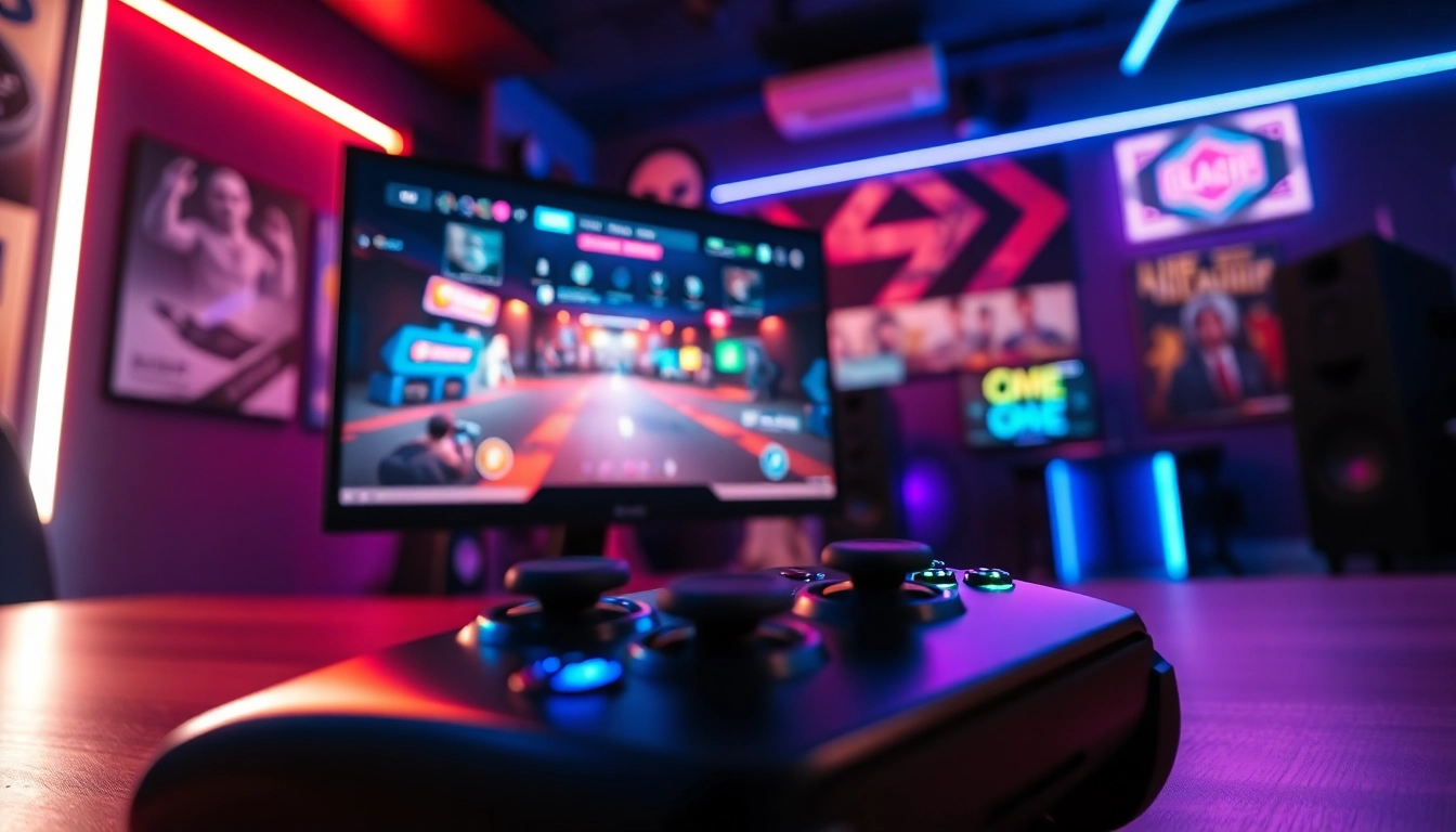 Rasakan permainan online yang seru dengan pengaturan gaming modern dan pencahayaan menyenangkan.
