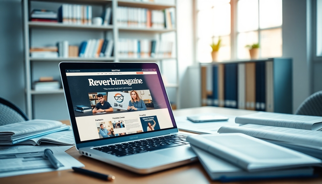 Engaging workspace displaying Reverbtime Magazine on a laptop amidst print materials, showcasing insights.