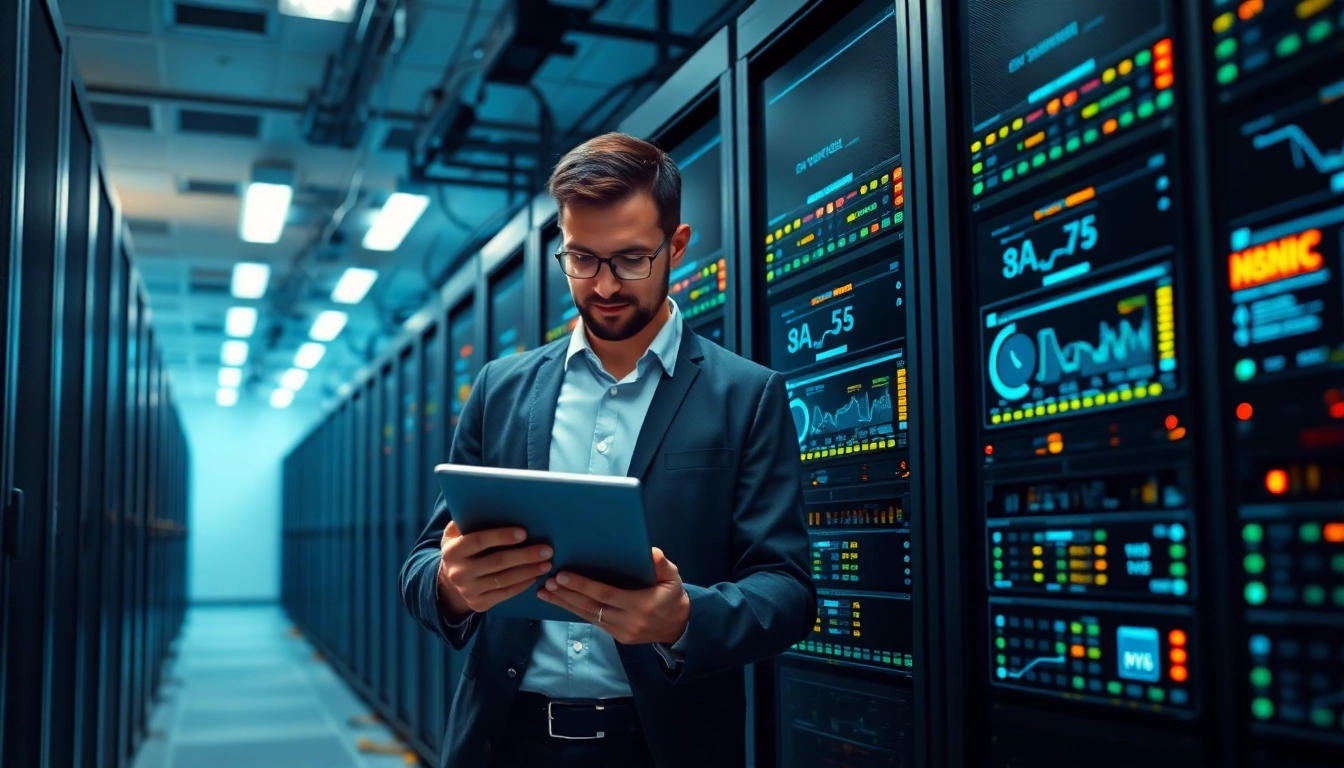 Monitor server management tasks with a professional IT specialist analyzing server data.