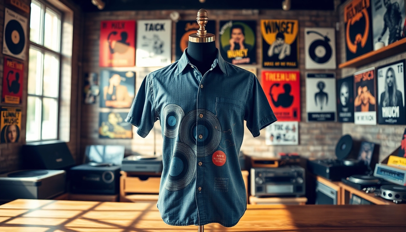 Showcase a turntable shirt featuring vibrant vinyl designs in a cozy music shop setting.