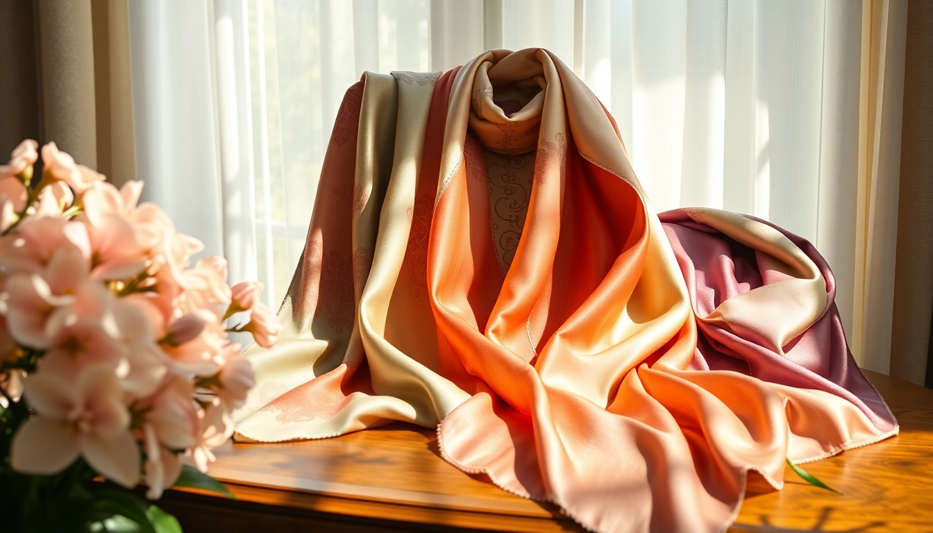 Showcase of silk scarves for women featuring vibrant colors and intricate patterns.