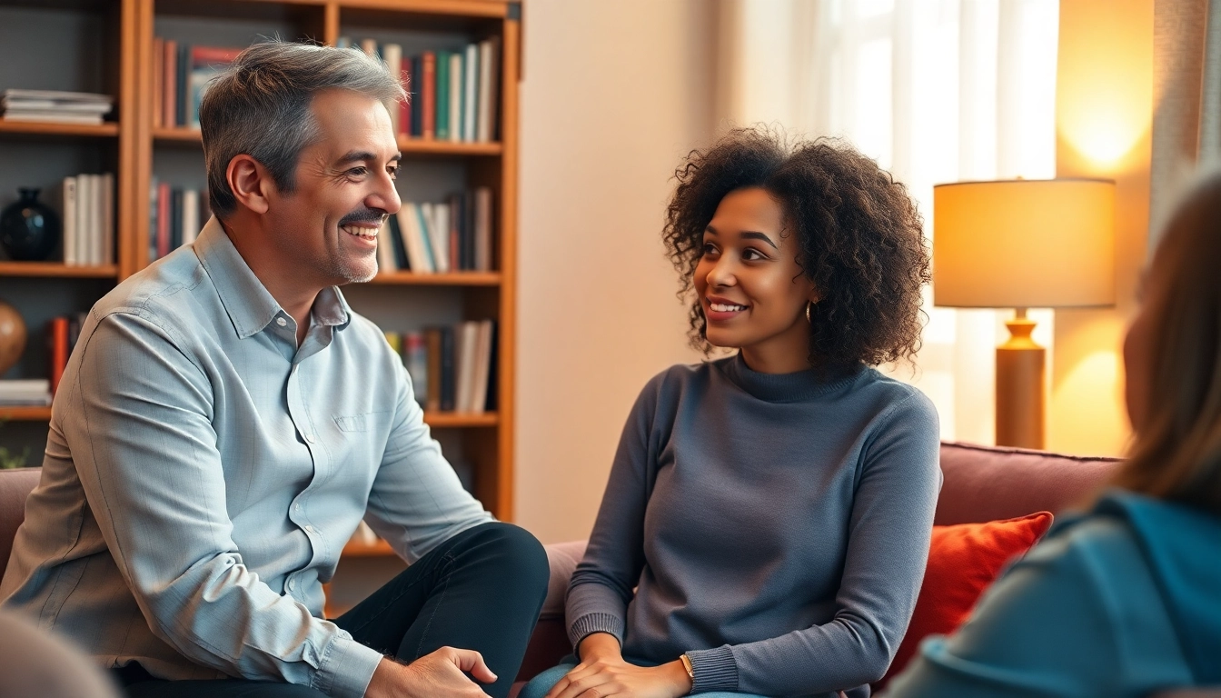 Engaged relationship coach guiding a client during a one-on-one session in a warm office.