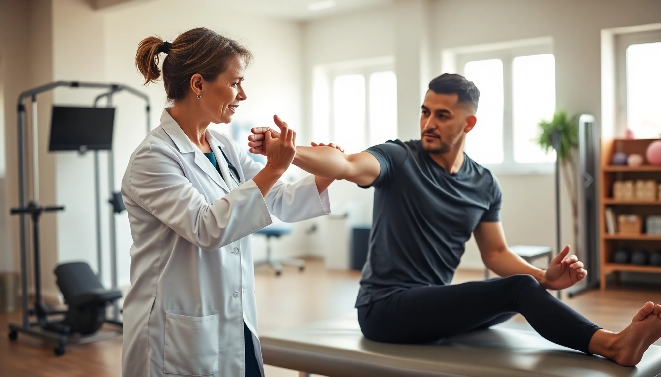 Engaged physiotherapist provides care to a patient in a bright clinic in Edmonton.