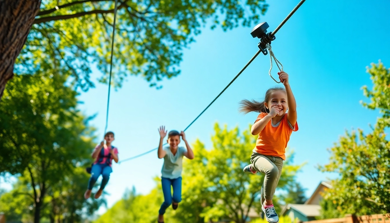 Family having fun on a ZIP WIRE KIT in a sunny backyard setup with lush greenery.