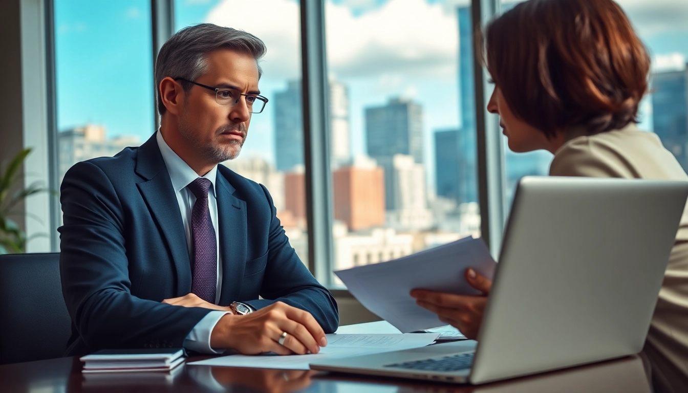 Consultation between an eminent domain lawyer and client in a modern office setting.