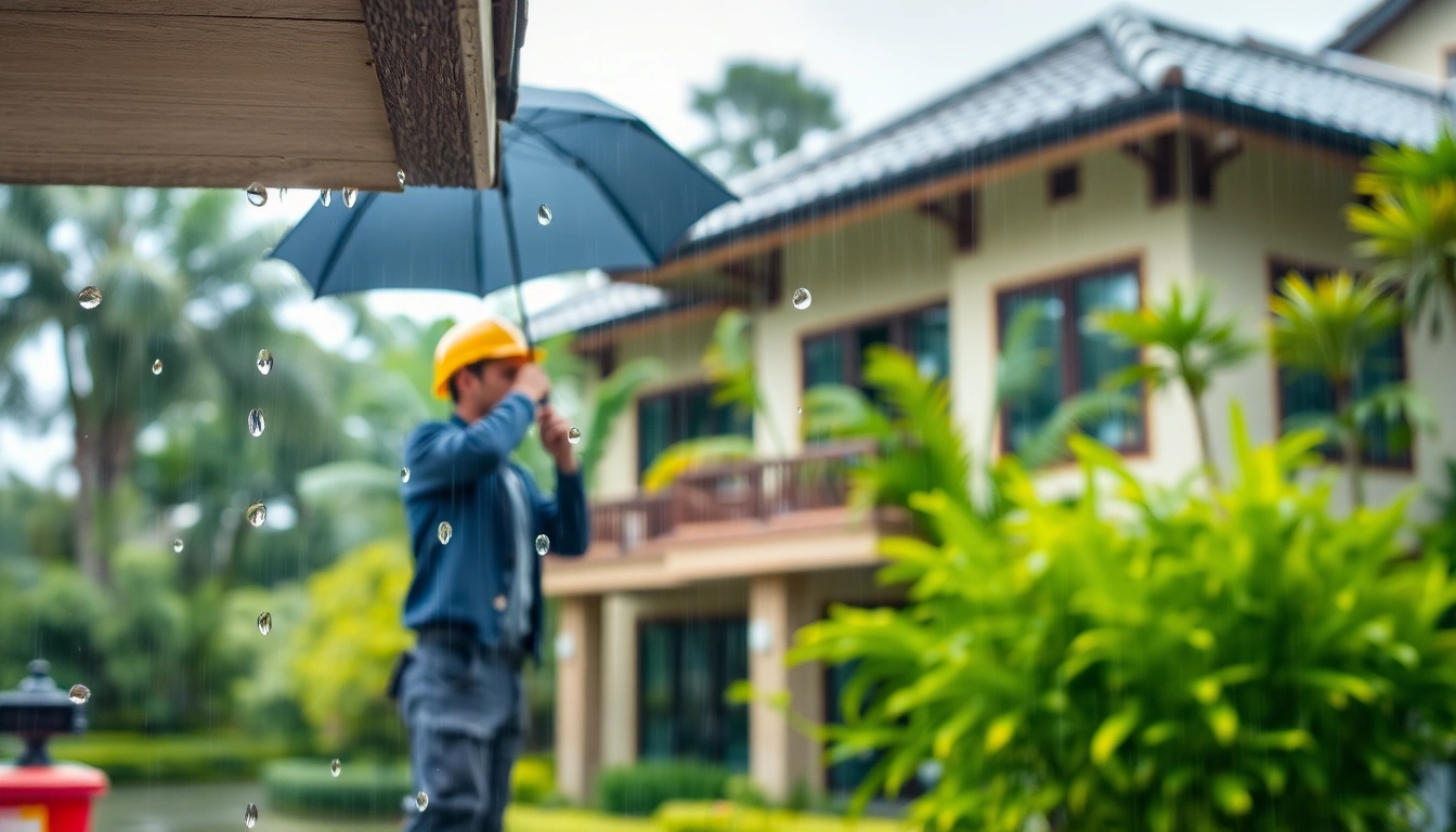 Villa maintenance rainy season: Worker inspecting a villa roof while it rains, highlighting maintenance importance.