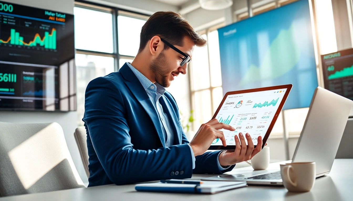 Illustration of a marketer using an AI content marketing platform in a bright office
