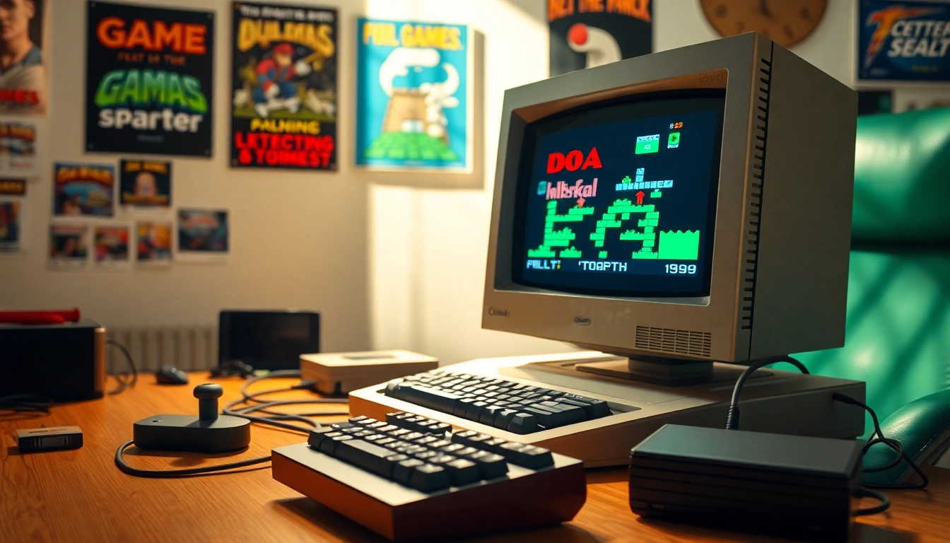 Engage with nostalgic dos games online at a vintage computer setup featuring retro gaming elements.