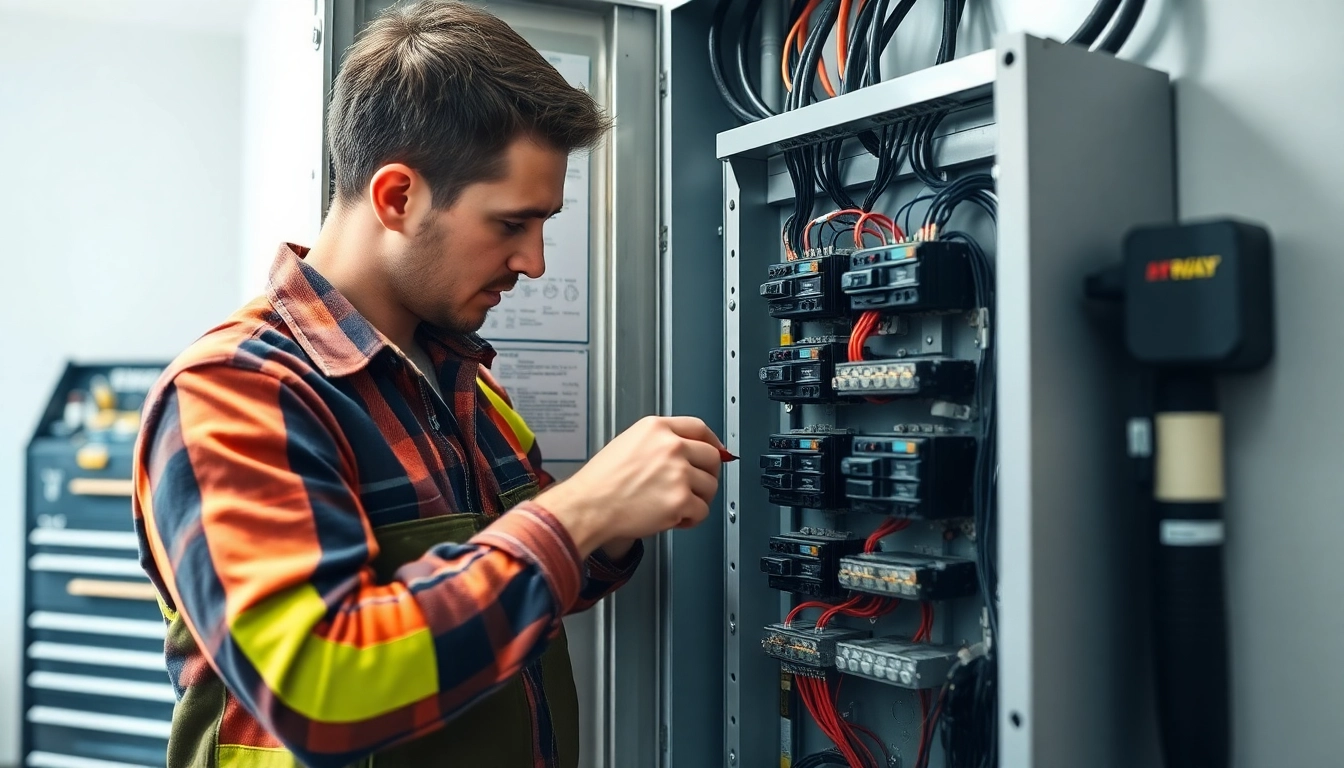 Electrician configuring an electrical panel with detailed focus on circuit connections.