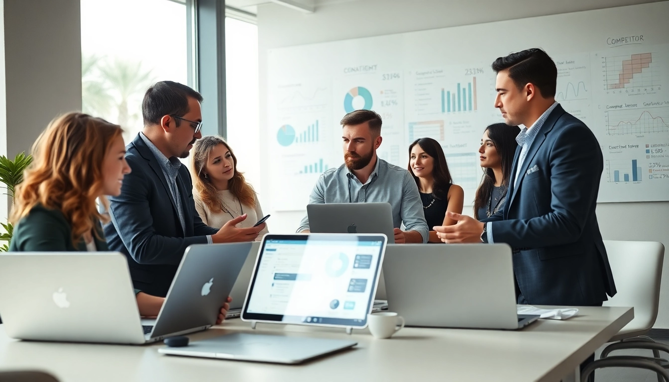 Analyze competitive intelligence data with a professional team in a modern office.