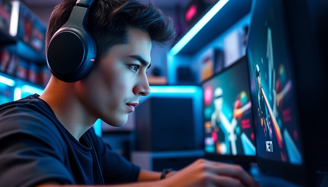 Gamer bersemangat memainkan net77 game di ruang permainan modern dengan latar belakang LED yang cerah.