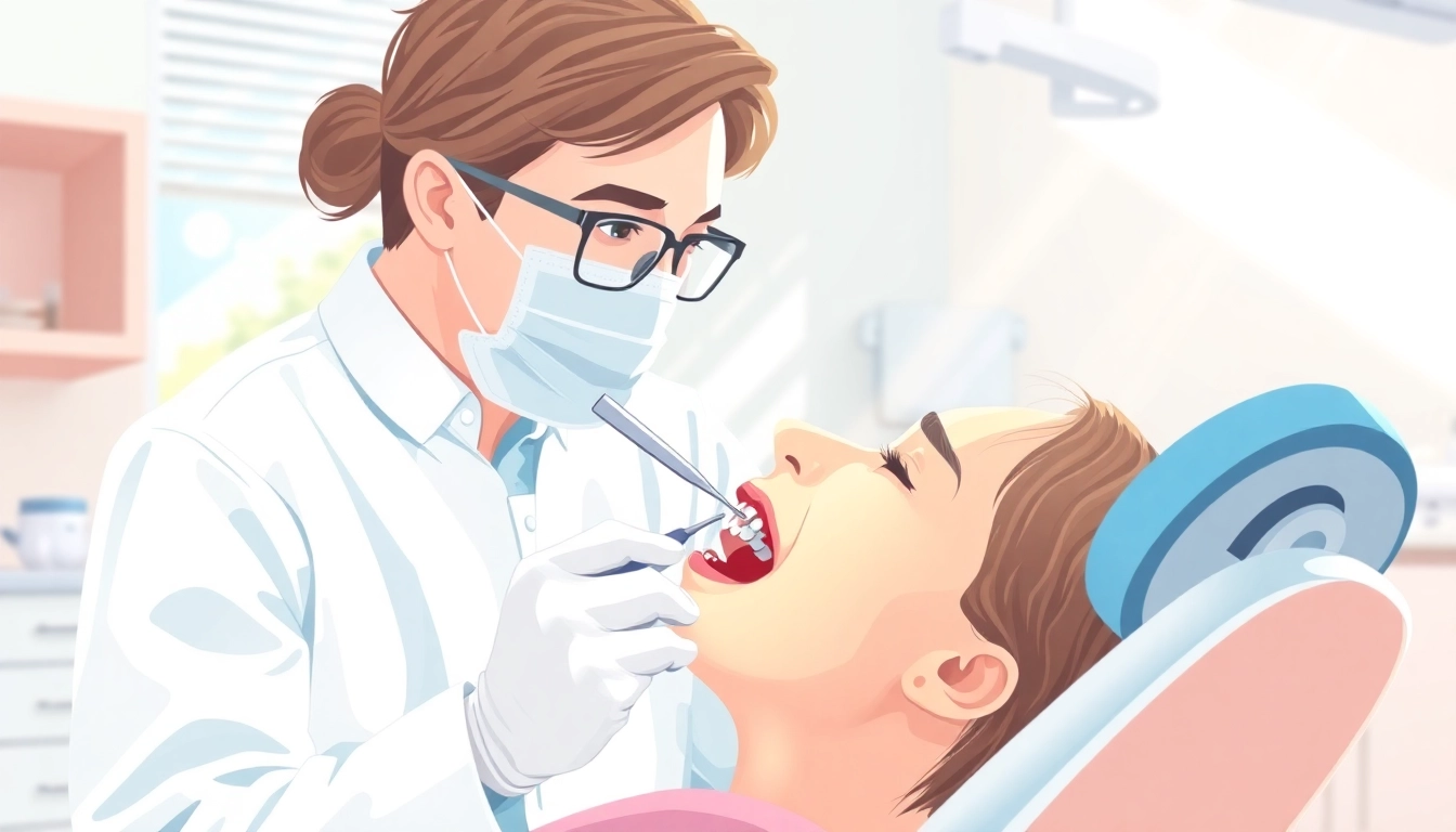 Dental checkups in a bright office with a dentist examining a patient's teeth using tools.