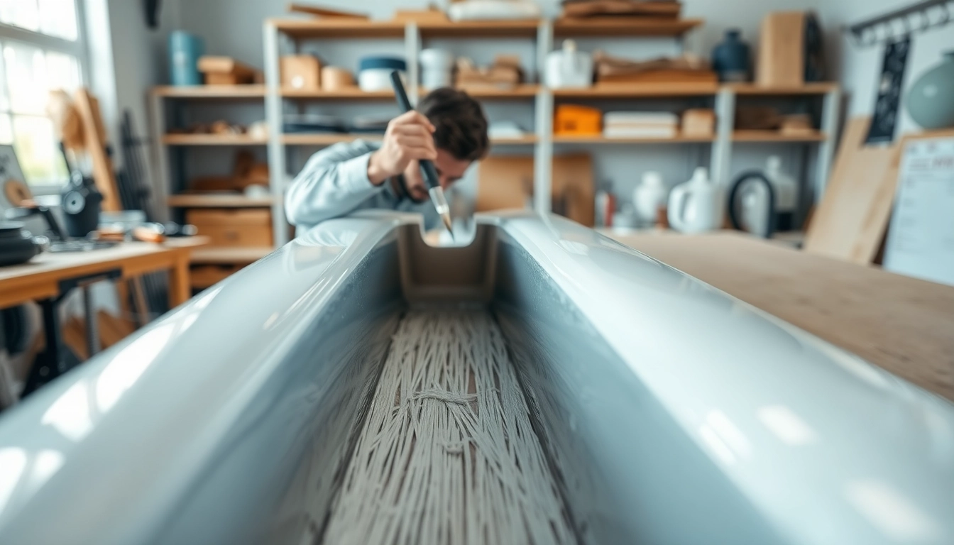 Applying laminating resin to fiberglass mold in a professional workshop setting.