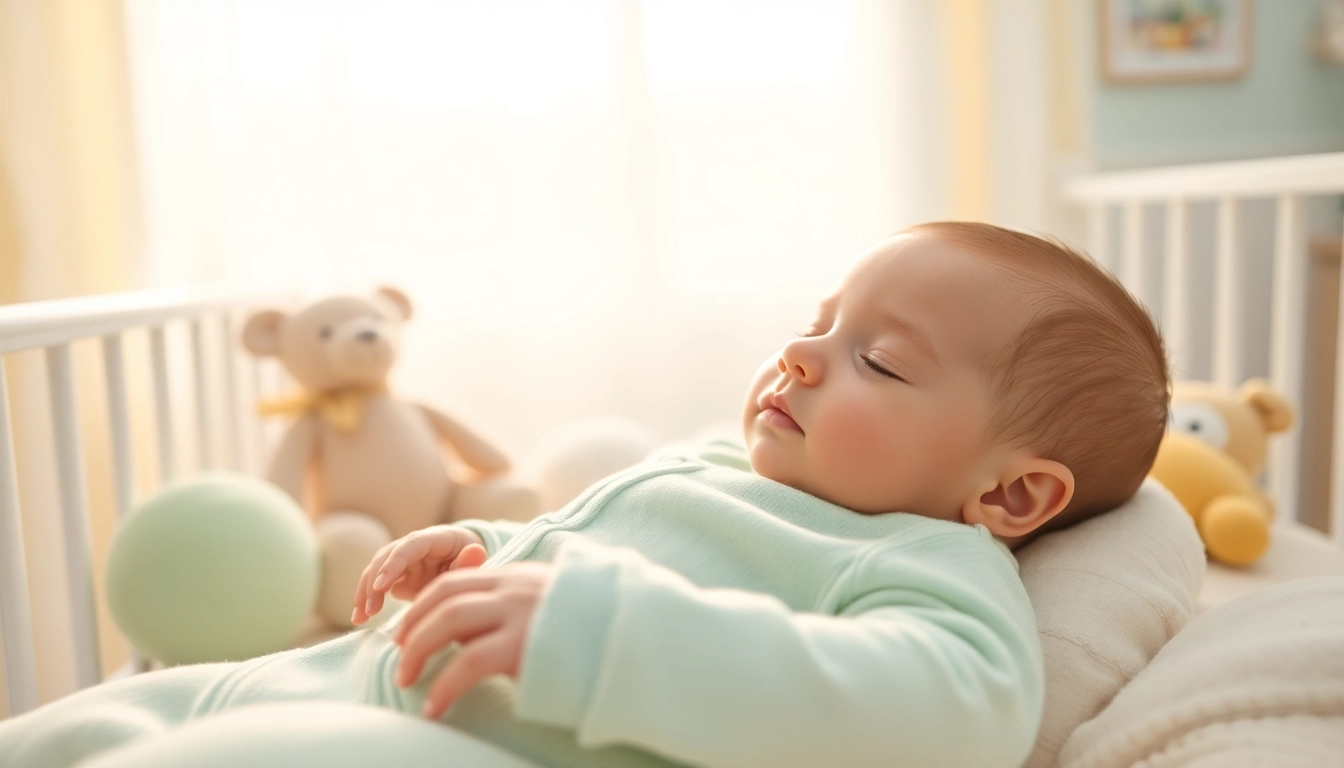 Newborn in soft baby onesie resting peacefully in a calm nursery setting.