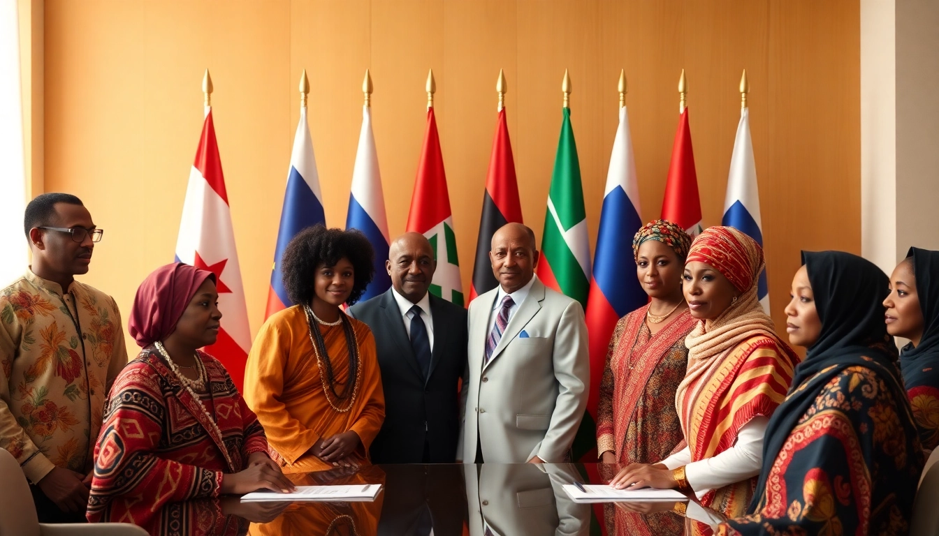 Showcase leaders discussing media ties, highlighting média Afrique Russie with vibrant colors and diverse backgrounds.