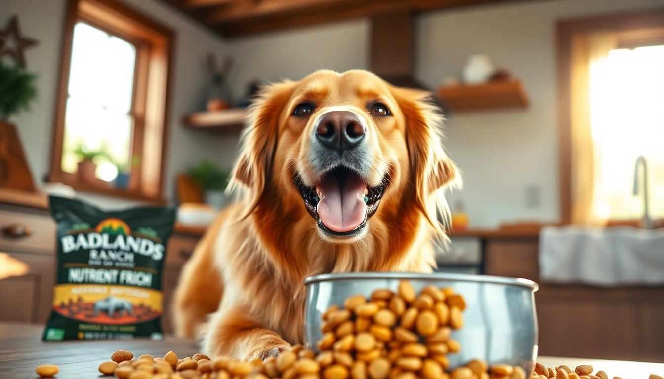 Dog happily eating badlands ranch dog food canada in a sunlit kitchen setting.