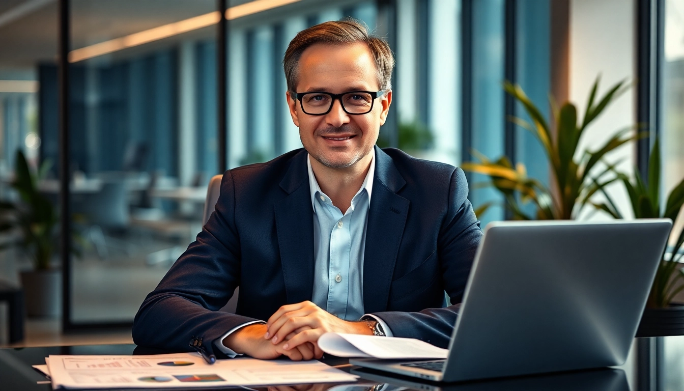 Thomas Schinecker confidently leading in a modern office, showcasing leadership in healthcare.