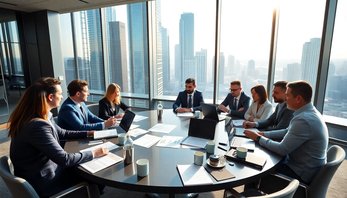 Discussing investment strategies in a dallas hedge fund meeting with professionals around a table.