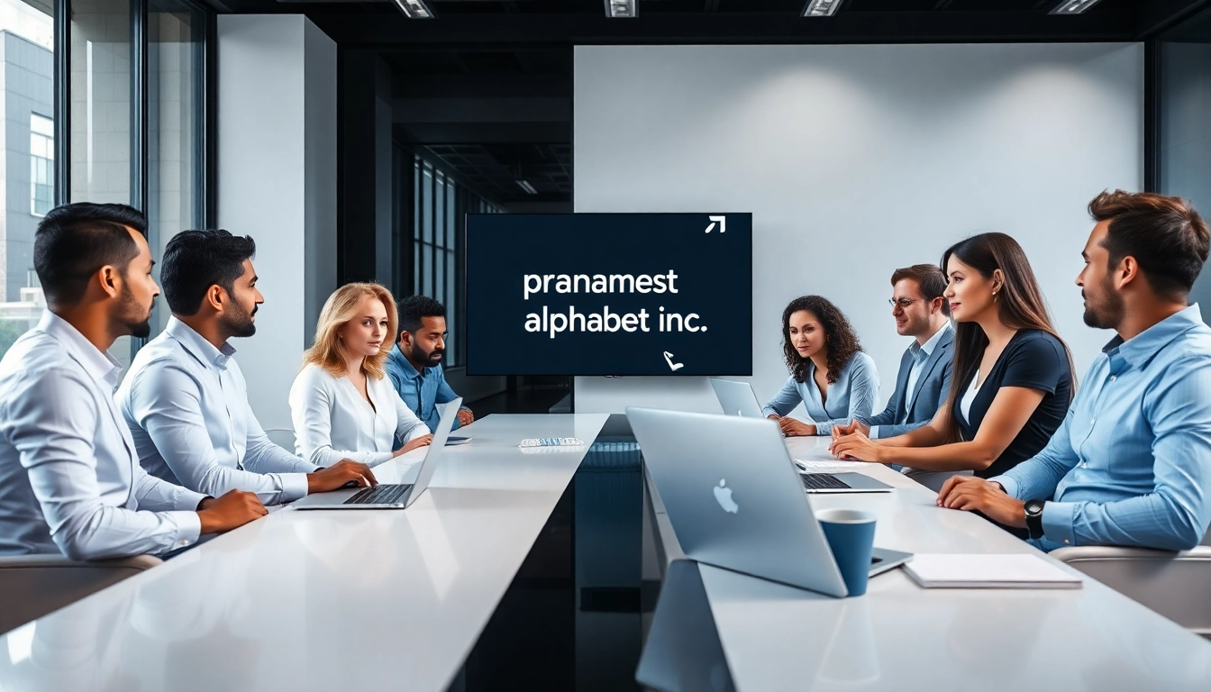 Collaborative business team reviewing the alphabet inc mission statement in a modern office setting.