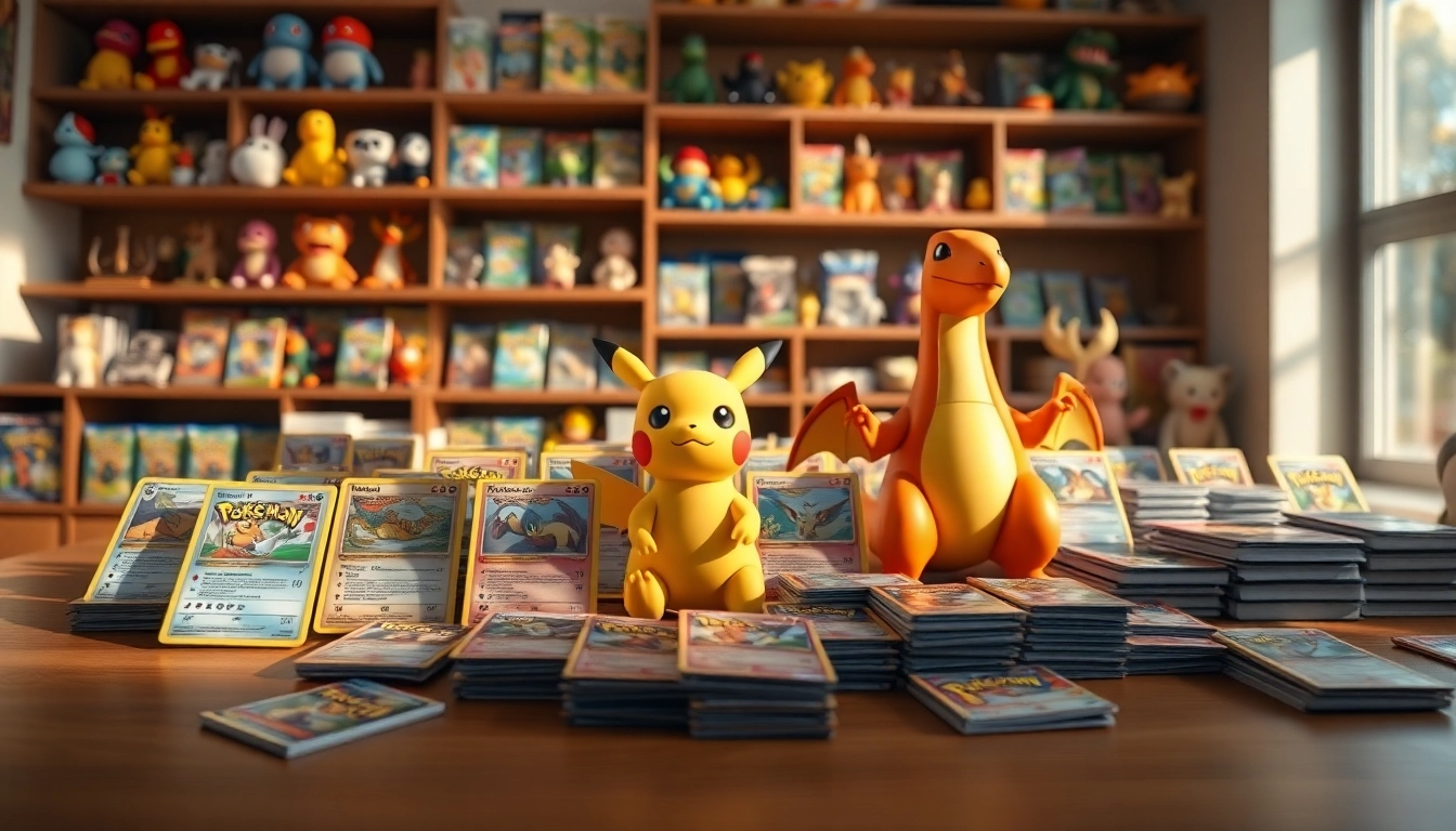Showcasing Real Pokémon cards with iconic characters and collectible items in a nostalgic setting.