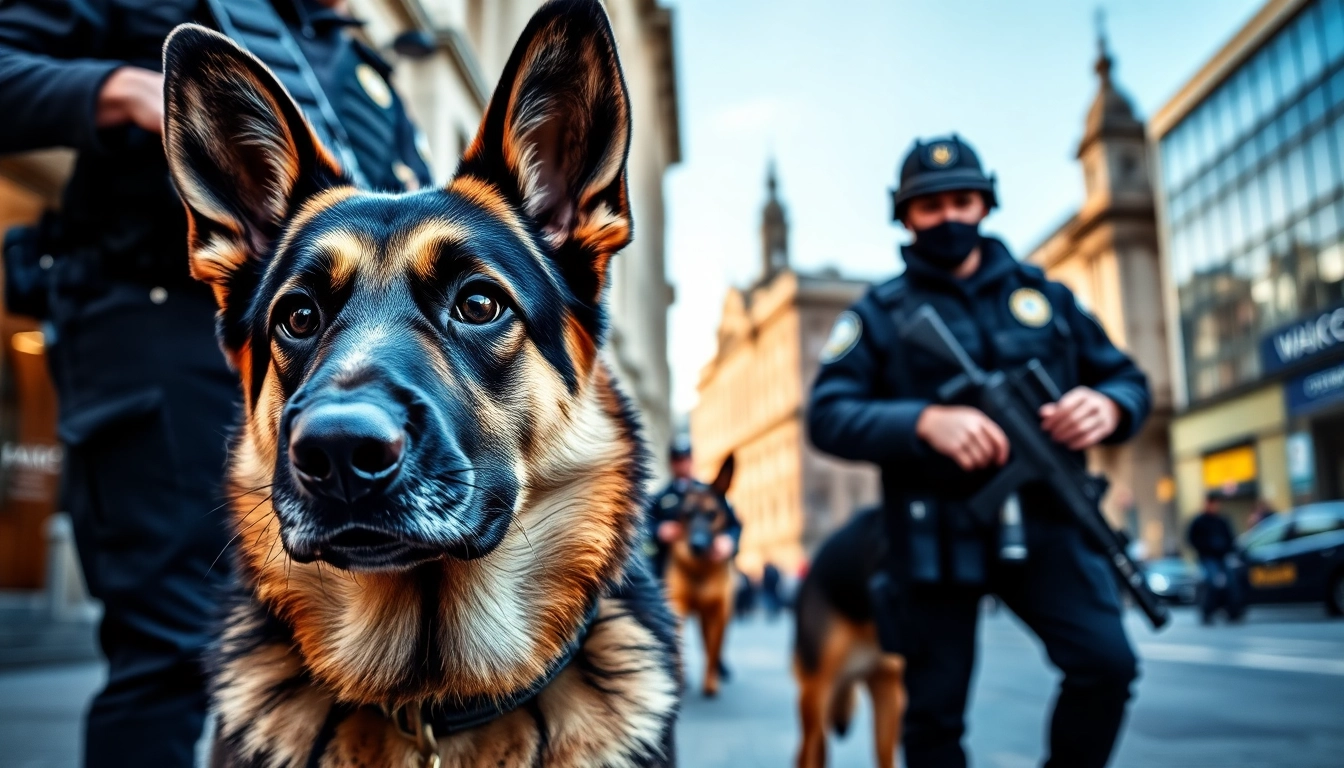 Security Dog Services Newcastle upon Tyne featuring a vigilant German Shepherd with its handler in an urban setting.
