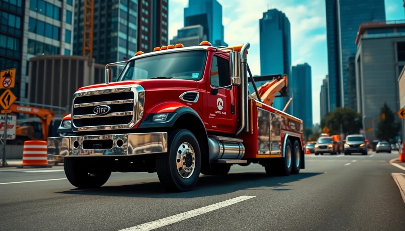 Truck showcasing Jerr Dan design and features in urban setting with vibrant background.