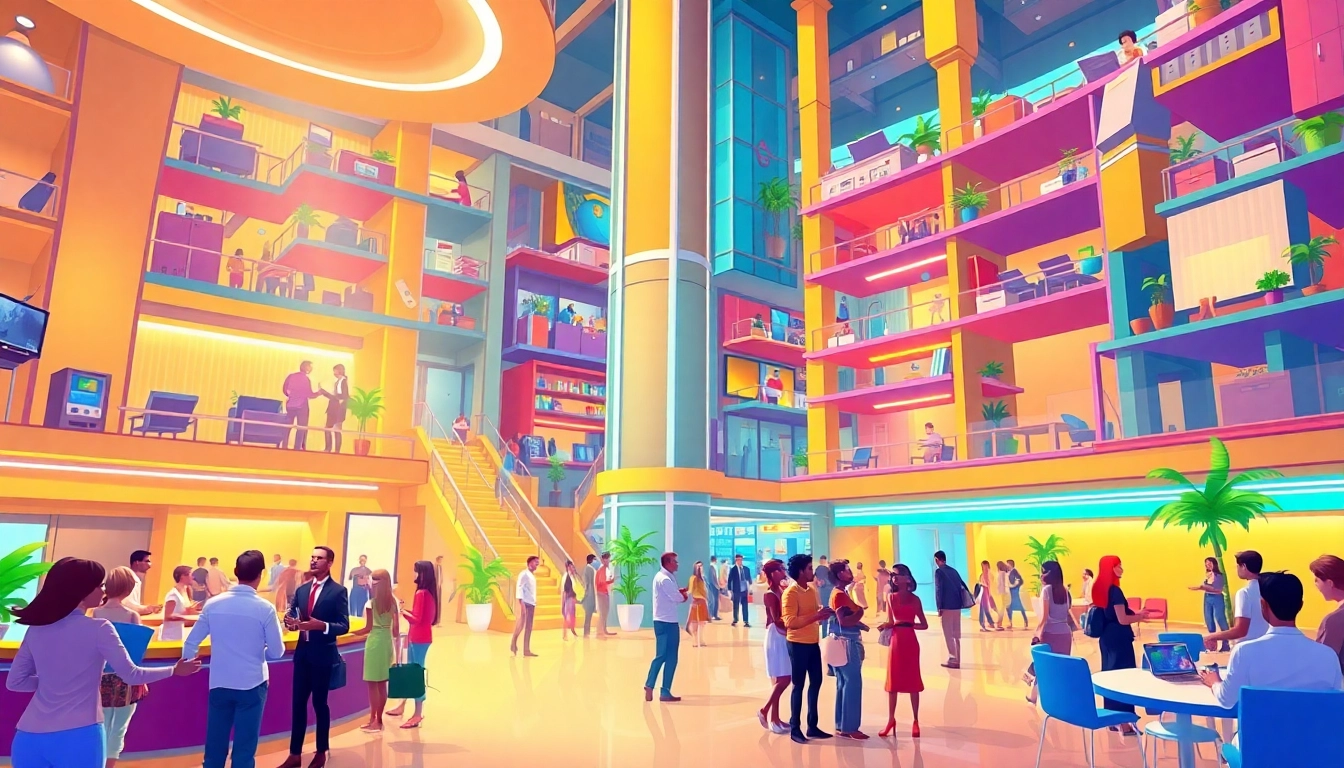 Experience the excitement of Sim Tower as players engage in vibrant activities in a colorful tower.