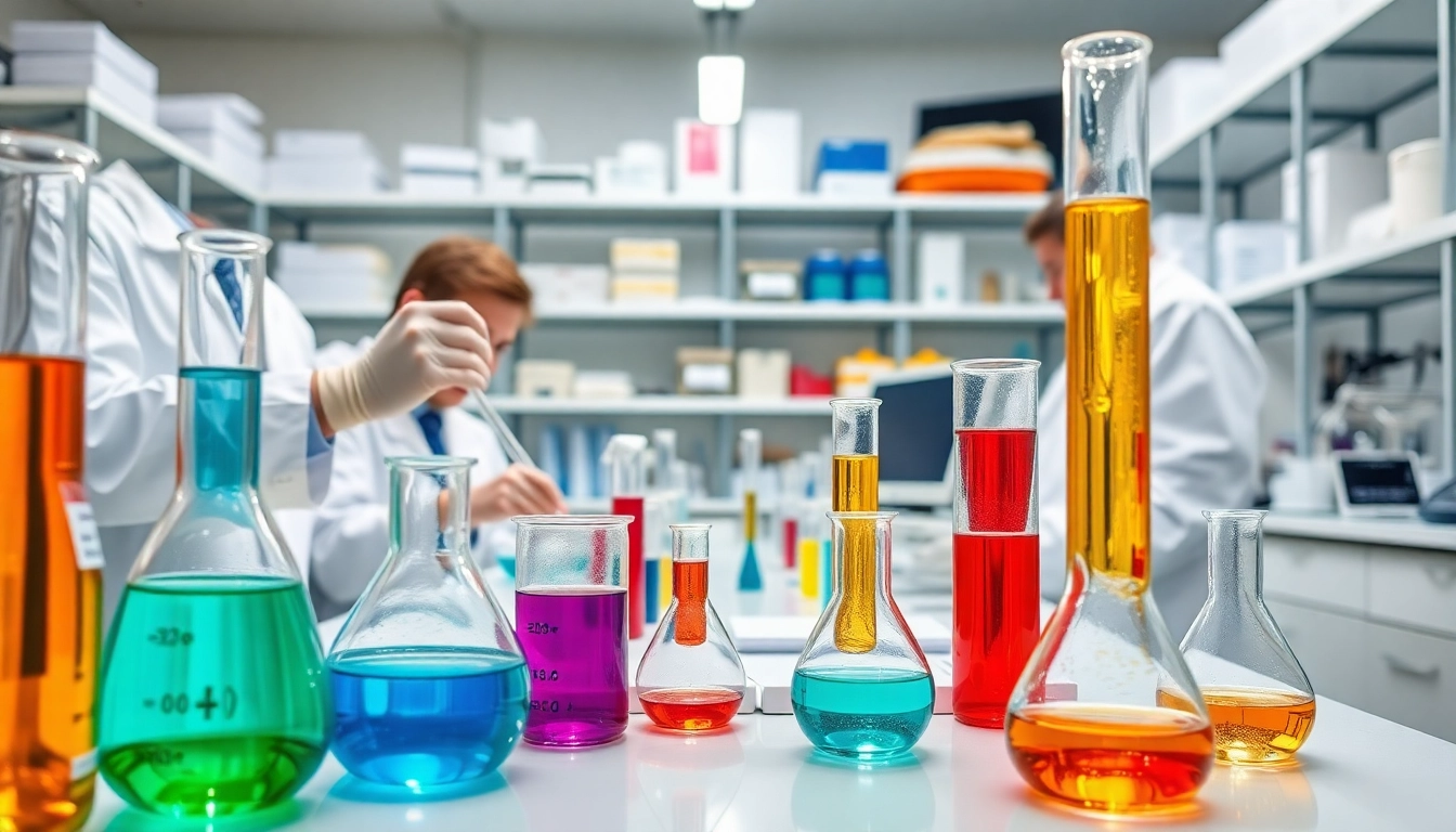 Researchers analyzing cellulose ethers in a professional laboratory environment, showcasing vibrant solutions.