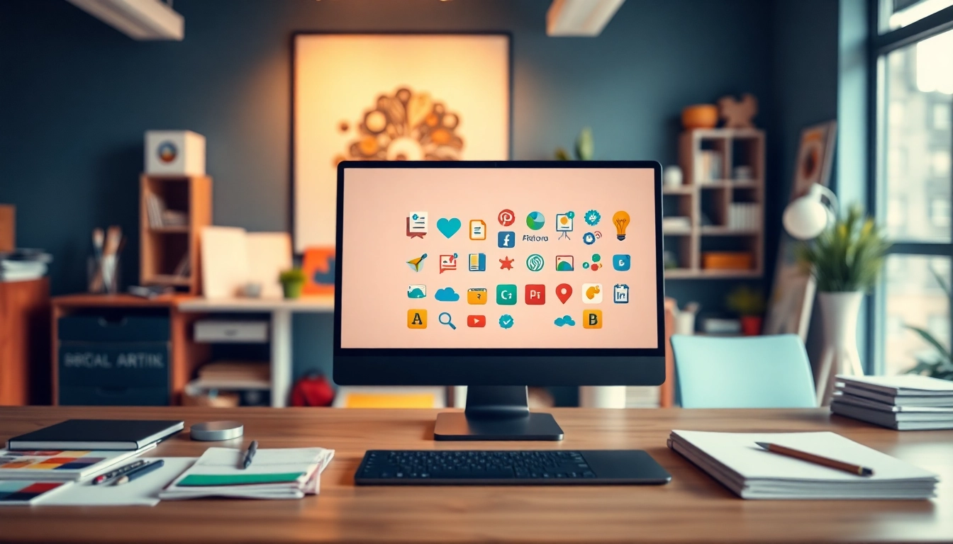 Browse vibrant Icons in a professional digital workspace with art elements.