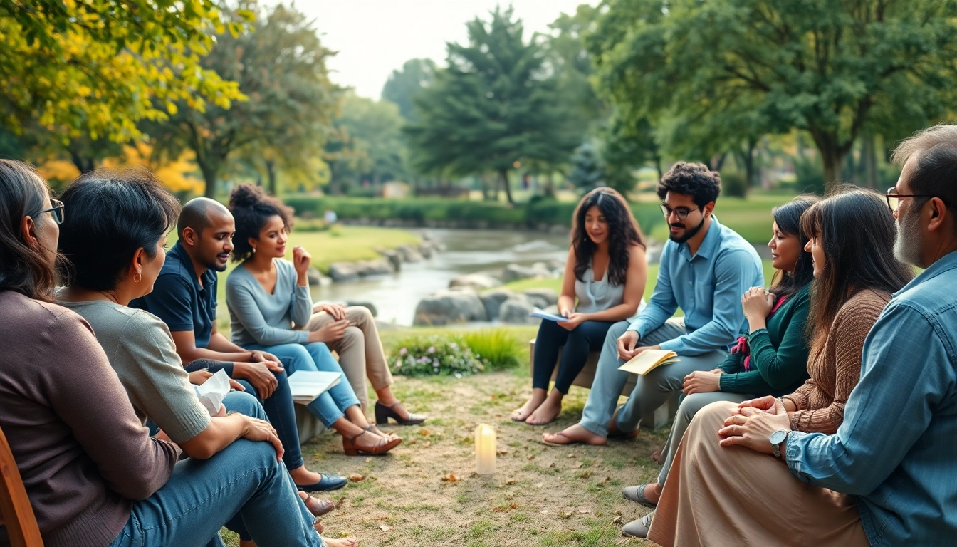 Individuals dealing with grief in a supportive outdoor gathering, sharing experiences and finding healing.