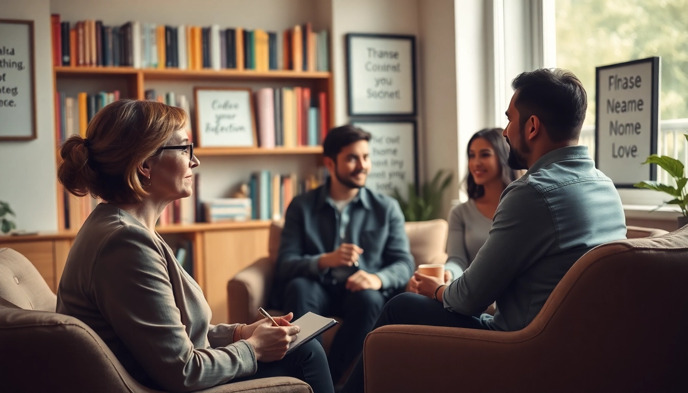 Engaged relationship coach helping a couple in a warm, inviting office setting.