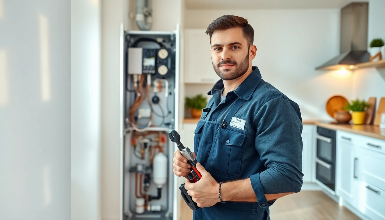 Experienced boiler installer bristol working diligently on an installation in a modern kitchen.