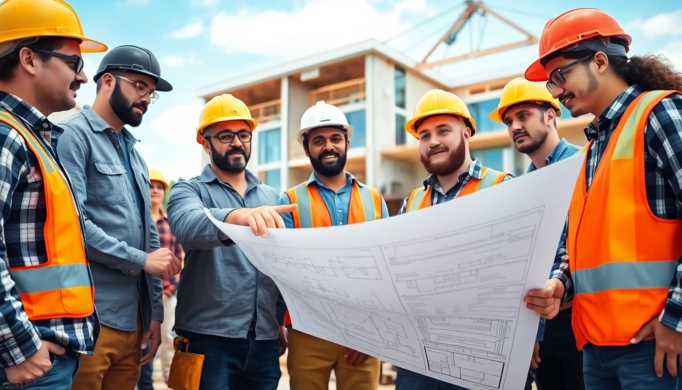 New Jersey General Contractor leading a diverse team on a construction project with blueprints.