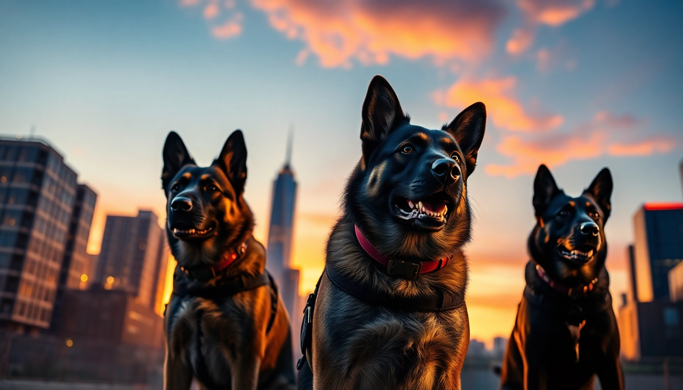 Security Dog Services Newcastle upon Tyne guards patrolling urban areas with vigilant demeanor.